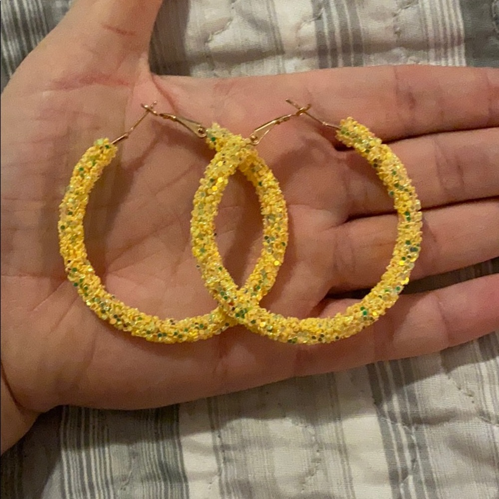 Yellow glitter hoop earrings